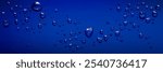 Water drops on blue background. Vector realistic illustration of wet window or wall covered with rain droplets, aqua spray effect on surface, cosmetic moisture serum or gel blobs texture, condensation