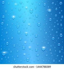 Water drops on blue background. Realistic droplets with glow from the sun, vector 3d illustration.