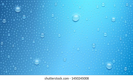 Water drops on blue background. Three dimensional realistic droplets with glow from the sun, vector 3d illustration