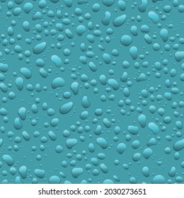 Water drops on blue background. Condensation of realistic pure rain droplets. Seamless pattern