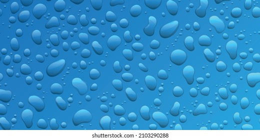 Water drops on blue background. Condensation of realistic pure rain droplets.