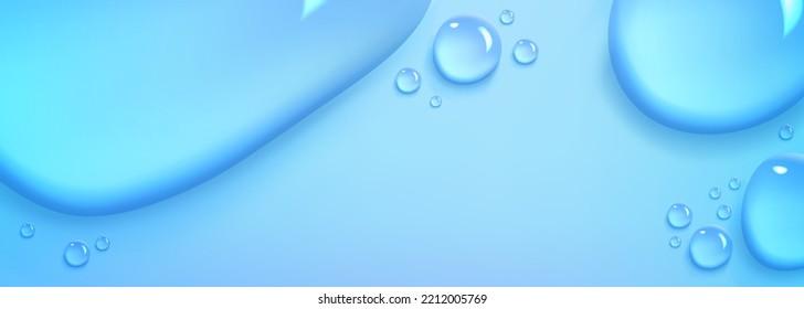 El agua cae sobre el fondo azul vista de cerca arriba. Plantas de derrame, salpicaduras de líquido acuático, cosmética de cuidado de la piel, manchas hidráulicas, textura de gel o colágeno con gotitas, plantilla vectorial 3d realista