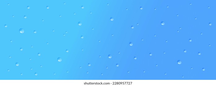 Water drops on blue background vector illustration. Liquid droplets isolated on blue gradient backdrop. Horizontal poster, banner template Vector illustration