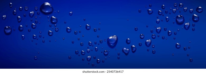 Water drops on blue background. Vector realistic illustration of wet window or wall covered with rain droplets, aqua spray effect on surface, cosmetic moisture serum or gel blobs texture, condensation