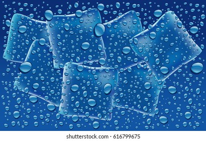 water drops on blue background with ice cubes
