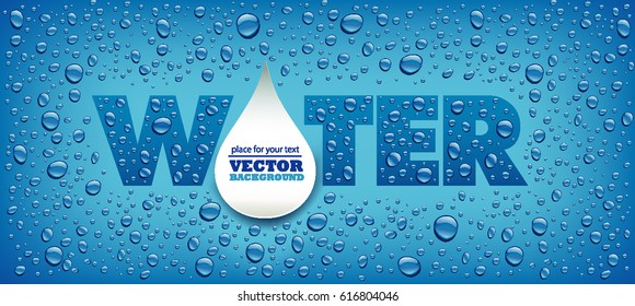 water drops on blue background with place for text in big drop