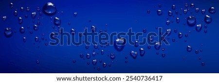 Water drops on blue background. Vector realistic illustration of wet window or wall covered with rain droplets, aqua spray effect on surface, cosmetic moisture serum or gel blobs texture, condensation