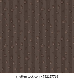 Water drops on brown striped background. Transparent drop seamless pattern. Realistic design for wrapping paper, paper packaging, party invitations, greeting card. Vector illustration.