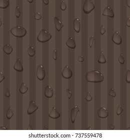 Water drops on brown striped background. Transparent drop seamless pattern. Realistic design for wrapping paper, paper packaging, party invitations, greeting card. Vector illustration.