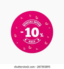 Water drops on button. 10 percent discount sign icon. Sale symbol. Special offer label. Realistic pure raindrops. Pink circle. Vector