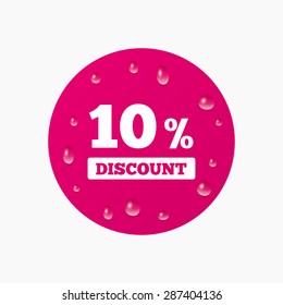 Water drops on button. 10 percent discount sign icon. Sale symbol. Special offer label. Realistic pure raindrops. Pink circle. Vector