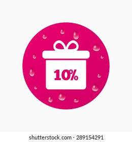 Water drops on button. 10% sale gift box tag sign icon. Discount symbol. Special offer label. Realistic pure raindrops. Pink circle. Vector