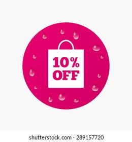 Water drops on button. 10% sale bag tag sign icon. Discount symbol. Special offer label. Realistic pure raindrops. Pink circle. Vector