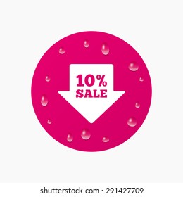Water drops on button. 10% sale arrow tag sign icon. Discount symbol. Special offer label. Realistic pure raindrops. Pink circle. Vector