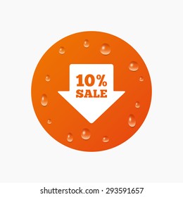 Water drops on button. 10% sale arrow tag sign icon. Discount symbol. Special offer label. Realistic pure raindrops. Orange circle. Vector