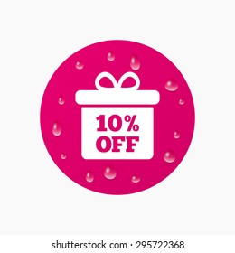 Water drops on button. 10% sale gift box tag sign icon. Discount symbol. Special offer label. Realistic pure raindrops. Pink circle. Vector