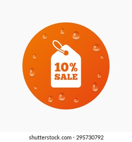 Water drops on button. 10% sale price tag sign icon. Discount symbol. Special offer label. Realistic pure raindrops. Orange circle. Vector