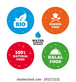 Water drops on button. 100% Natural Bio food icons. Halal and Kosher signs. Chief hat with fork and spoon symbol. Realistic pure raindrops on circles. Vector