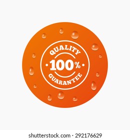 Water drops on button. 100% quality guarantee sign icon. Premium quality symbol. Realistic pure raindrops. Orange circle. Vector