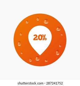 Water drops on button. 20% sale pointer tag sign icon. Discount symbol. Special offer label. Realistic pure raindrops. Orange circle. Vector