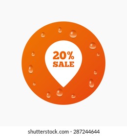 Water drops on button. 20% sale pointer tag sign icon. Discount symbol. Special offer label. Realistic pure raindrops. Orange circle. Vector