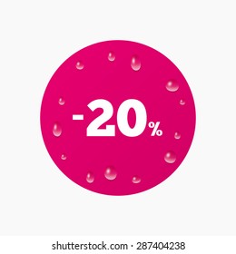 Water drops on button. 20 percent discount sign icon. Sale symbol. Special offer label. Realistic pure raindrops. Pink circle. Vector