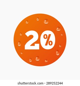 Water drops on button. 20 percent discount sign icon. Sale symbol. Special offer label. Realistic pure raindrops. Orange circle. Vector