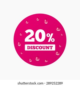 Water drops on button. 20 percent discount sign icon. Sale symbol. Special offer label. Realistic pure raindrops. Pink circle. Vector