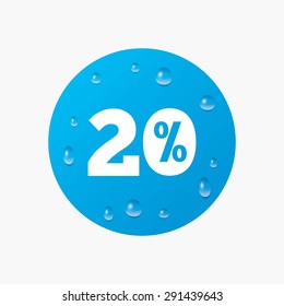Water drops on button. 20 percent discount sign icon. Sale symbol. Special offer label. Realistic pure raindrops. Blue circle. Vector