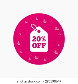 Water drops on button. 20% sale price tag sign icon. Discount symbol. Special offer label. Realistic pure raindrops. Pink circle. Vector