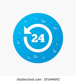 Water drops on button. 24 hours customer service. Round the clock support symbol. Realistic pure raindrops. Blue circle. Vector