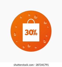 Water drops on button. 30% sale bag tag sign icon. Discount symbol. Special offer label. Realistic pure raindrops. Orange circle. Vector