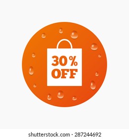 Water drops on button. 30% sale bag tag sign icon. Discount symbol. Special offer label. Realistic pure raindrops. Orange circle. Vector