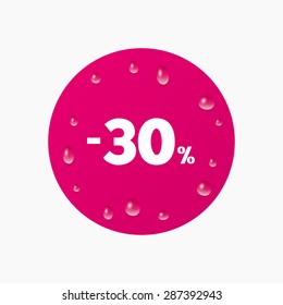 Water drops on button. 30 percent discount sign icon. Sale symbol. Special offer label. Realistic pure raindrops. Pink circle. Vector