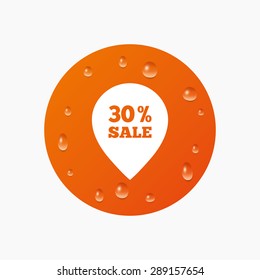 Water drops on button. 30% sale pointer tag sign icon. Discount symbol. Special offer label. Realistic pure raindrops. Orange circle. Vector