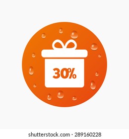 Water drops on button. 30% sale gift box tag sign icon. Discount symbol. Special offer label. Realistic pure raindrops. Orange circle. Vector