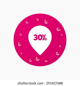 Water drops on button. 30% sale pointer tag sign icon. Discount symbol. Special offer label. Realistic pure raindrops. Pink circle. Vector