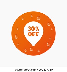 Water drops on button. 30% sale pointer tag sign icon. Discount symbol. Special offer label. Realistic pure raindrops. Orange circle. Vector