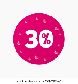 Water drops on button. 30 percent discount sign icon. Sale symbol. Special offer label. Realistic pure raindrops. Pink circle. Vector