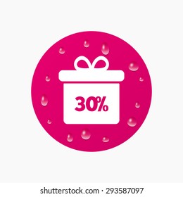 Water drops on button. 30% sale gift box tag sign icon. Discount symbol. Special offer label. Realistic pure raindrops. Pink circle. Vector
