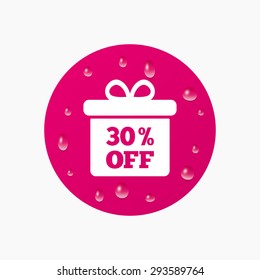 Water drops on button. 30% sale gift box tag sign icon. Discount symbol. Special offer label. Realistic pure raindrops. Pink circle. Vector
