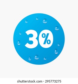 Water drops on button. 30 percent discount sign icon. Sale symbol. Special offer label. Realistic pure raindrops. Blue circle. Vector