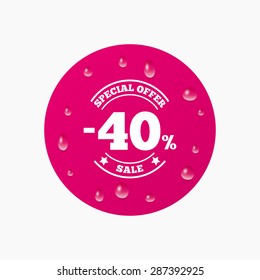 Water drops on button. 40 percent discount sign icon. Sale symbol. Special offer label. Realistic pure raindrops. Pink circle. Vector