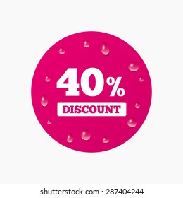 Water drops on button. 40 percent discount sign icon. Sale symbol. Special offer label. Realistic pure raindrops. Pink circle. Vector