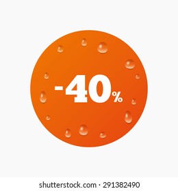 Water drops on button. 40 percent discount sign icon. Sale symbol. Special offer label. Realistic pure raindrops. Orange circle. Vector
