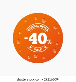 Water drops on button. 40 percent discount sign icon. Sale symbol. Special offer label. Realistic pure raindrops. Orange circle. Vector