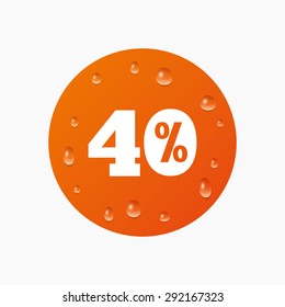 Water drops on button. 40 percent discount sign icon. Sale symbol. Special offer label. Realistic pure raindrops. Orange circle. Vector
