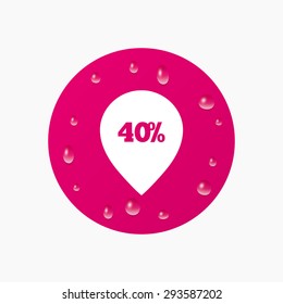 Water drops on button. 40% sale pointer tag sign icon. Discount symbol. Special offer label. Realistic pure raindrops. Pink circle. Vector