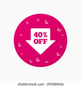 Water drops on button. 40% sale arrow tag sign icon. Discount symbol. Special offer label. Realistic pure raindrops. Pink circle. Vector