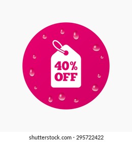 Water drops on button. 40% sale price tag sign icon. Discount symbol. Special offer label. Realistic pure raindrops. Pink circle. Vector